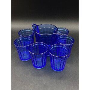 Cobalt Blue Akro Agate Play-Time Glass Water Pitcher Cup 7 Pc Child's Set